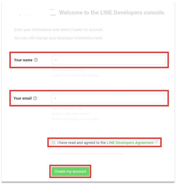 第一次登入LINE Developers，需先完成帳號設定