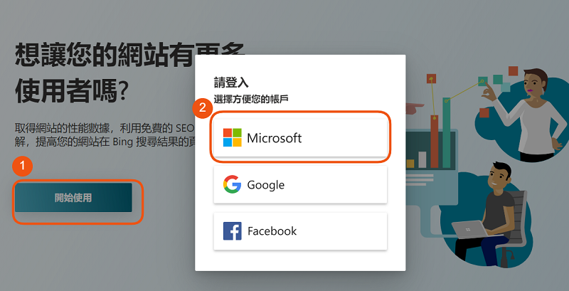 進入 Bing 網站管理員，點擊開始使用，選擇Microsoft帳號進行登入