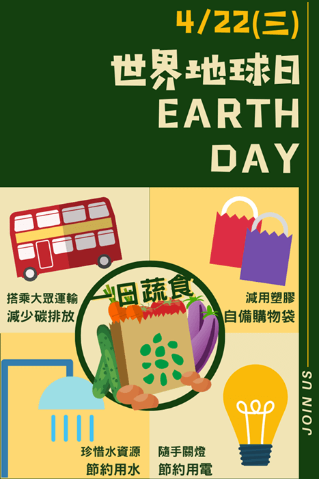 推廣世界地球日吃一日蔬食，減少對自然環境的負擔