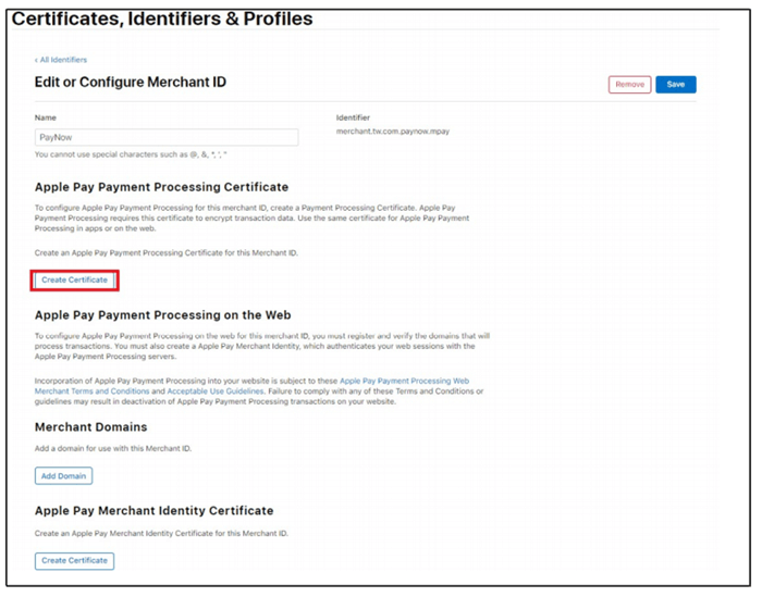 Apple Pay Payment Processing Certificate下的「Create Certificate」新增憑證