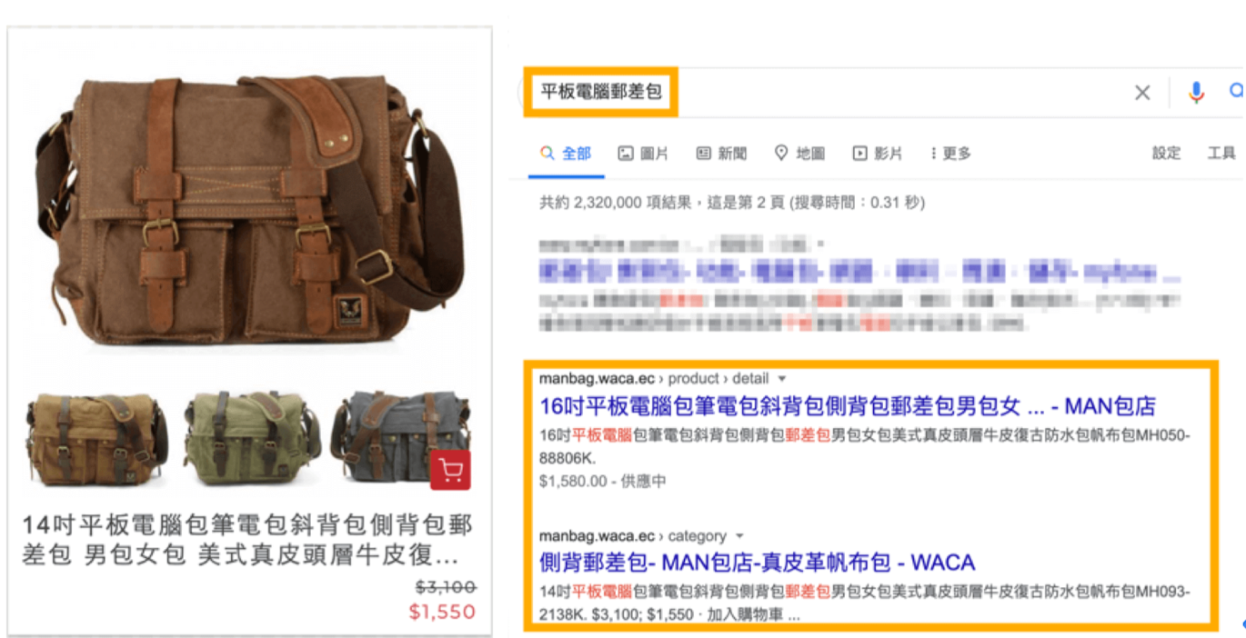 MAN包店的產品搜尋排名