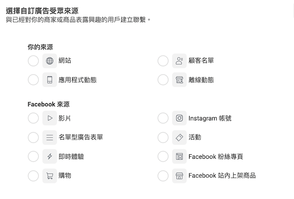 Facebook提供12種自訂受眾的方式