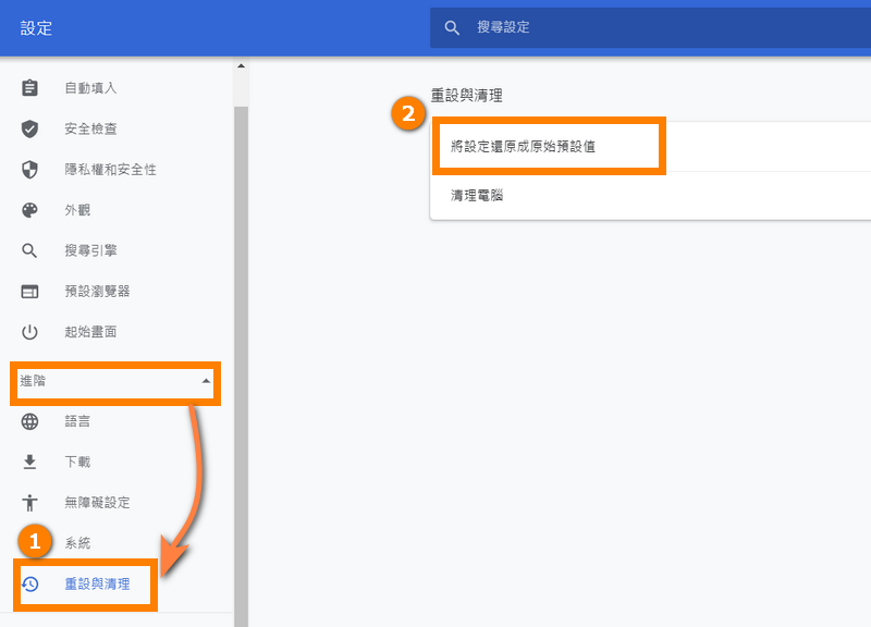 左側列表進階的【重設與清理】，即可看到【將設定還原成原始預設值】的選項