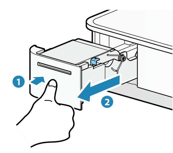 推壓印表機的正面以解鎖 ①，並拉出印表機紙槽 ② 